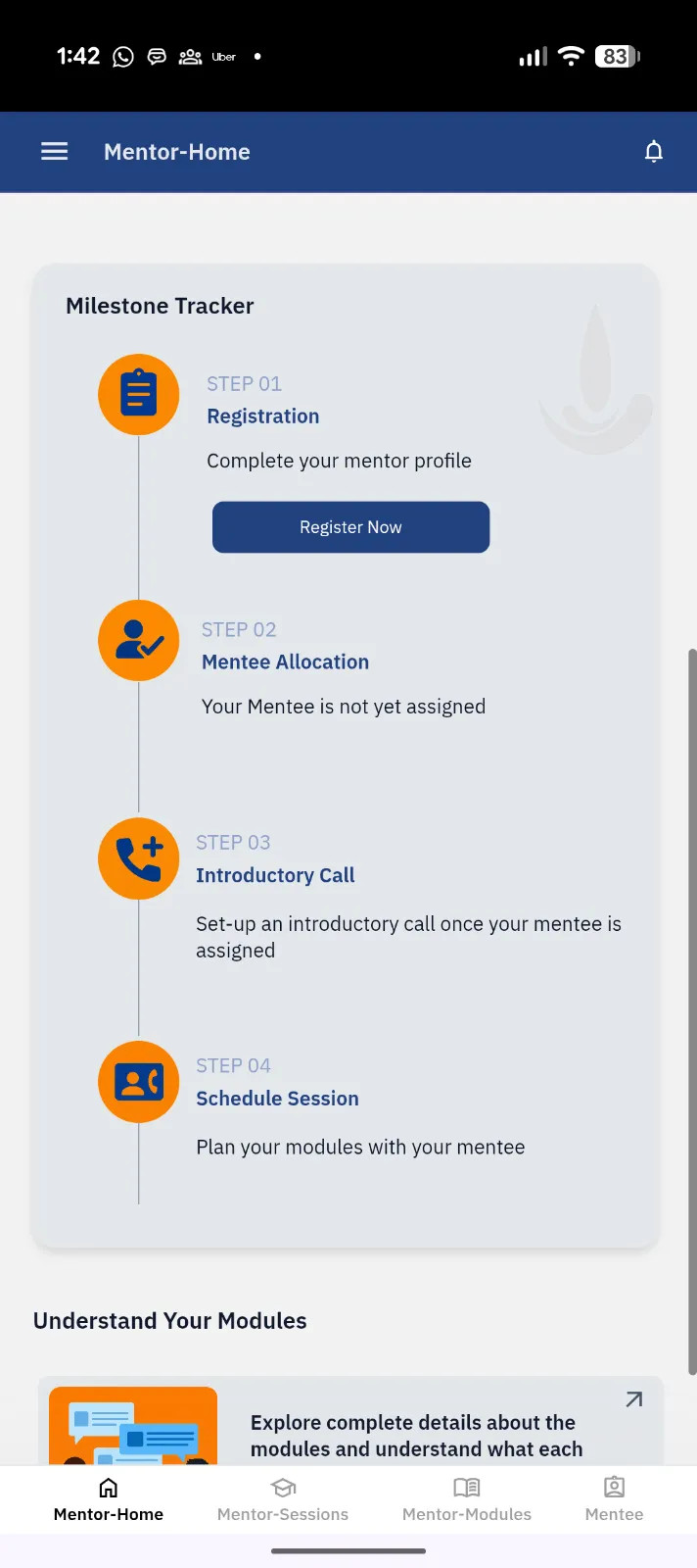 FFE Mentoring App screen 1