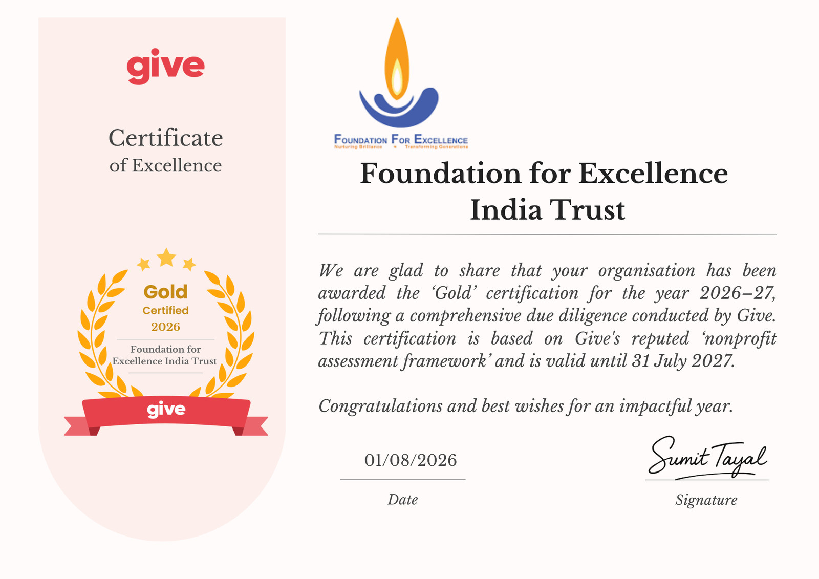 FFE granted Give Gold Certification for the 4th year in a row.