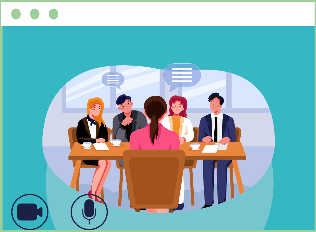 A team around a table with video and microphone icons