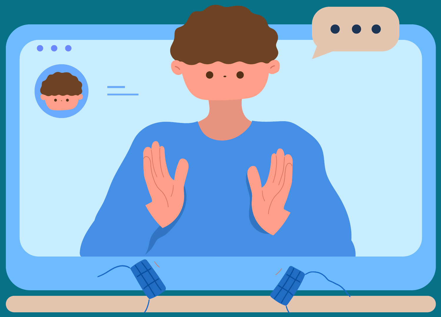 A student on a video call, hands raised, with a chat bubble