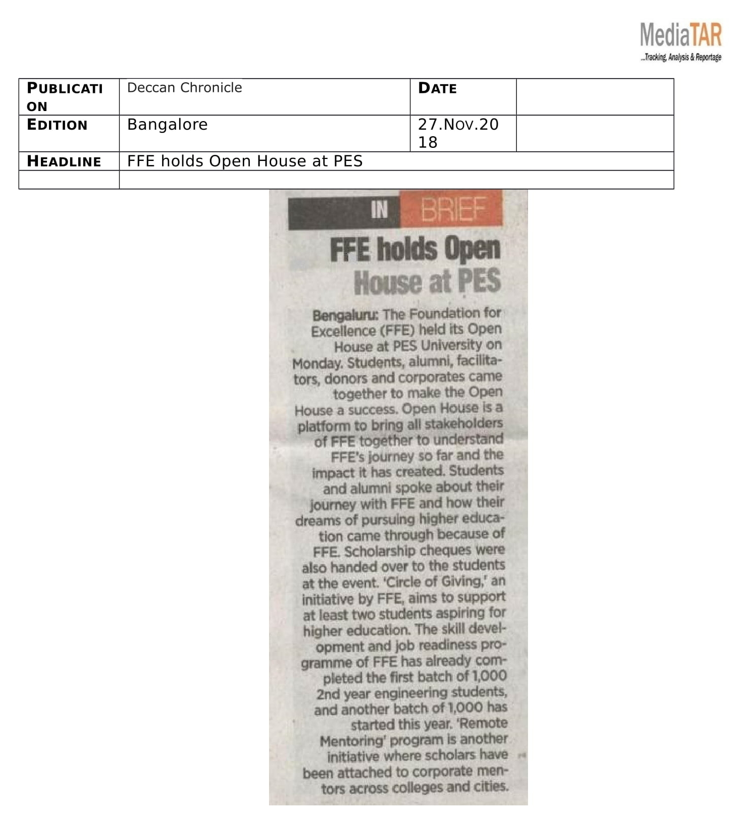 FFE Open House Bangalore – Over 90 Students Get Scholarships For Higher ...